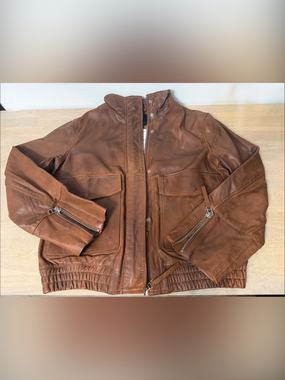 Zara Oversized Cognac Brown Leather Zip Jacket